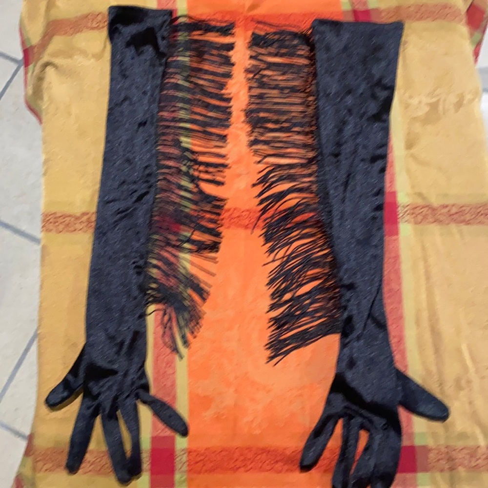 Black Satin Fringe Opera Gloves